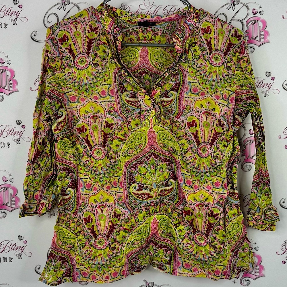 Talbots Paisley Blouse Green blue Pink top boho lightweight cotton small